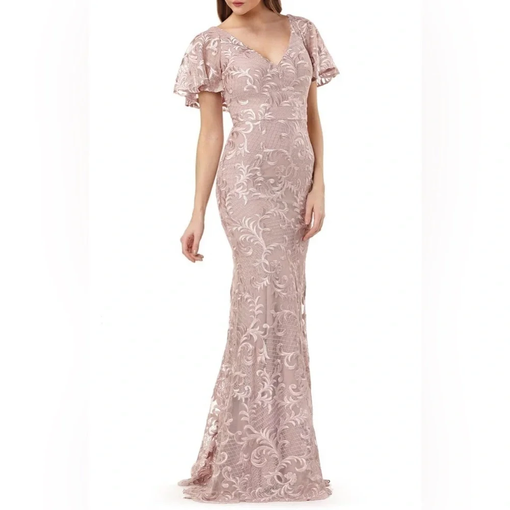 NWT Carmen Marc Valvo Infusion DUSTY ROSE Embroidered Flutter Sleeve Gown Size 6 - Picture 1 of 13